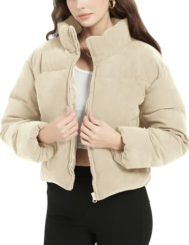 Flygo Womens Cropped Corduroy Puffer Jacket Winter Jackets Warm Long Sleeve Zip Quilted Down Puffer Coat(Beige-M)