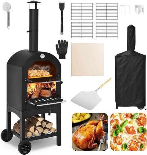 GOPLUS Horno de Pizza al Aire Libre con 31cm de Piedra y Termómetro Doble, Horno para Pizza con 2 Ruedas y Funda Impermeable, Calentador de Pizza con Mango Ergonómico para Picnic, Hasta 350ºC