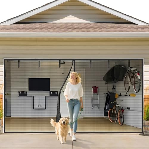 VIOMORL Garage Door Screen 2 Car 16x7ft Garage Screen Door,Upgraded PET Mesh Stronger Than Fiberglass and Polyester,Heavy Duty Weighted Bottom and Magnetic Closure,Hands Free,Easy Assembly