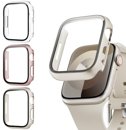 Lovmunia 3-Stück Schutzhülle mit Displayschutzfolie Kompatibel mit Apple Watch Series 9/8/7 41mm, Rundum Ultradünne Hard Gehäuse Eingebaut Kratzfest Gehärtetes Glas Schutzfolie für iWatch 41mm