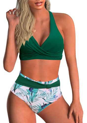 Baynetin Maillot de Bain 2 Pièces,Femme Sport Taille Haute Licou Push-up Deux pièces Bikini Set avec col en V Bretelles Largeswear (Feuilles Vertes, XL)