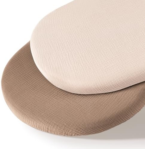 MairMore Musselin-Stubenwagen-Spannbettlaken für Babys, weich und atmungsaktiv, 100 % Baumwolle, Spannbettlaken für ovale, rechteckige Sanduhr-Matratzenauflagen, 2er-Pack (Elfenbein und Rosa)