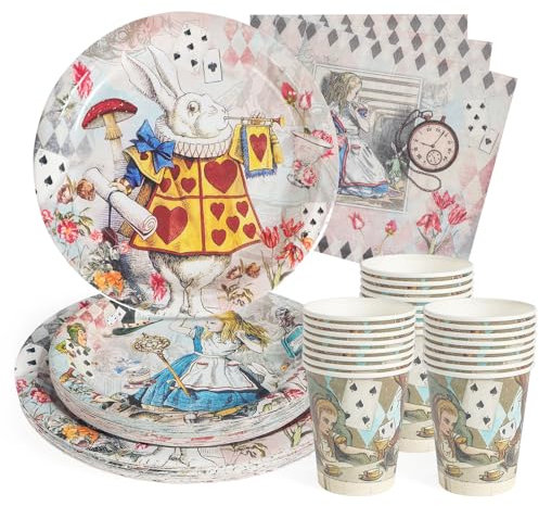 PARTY GO 96pc Vintage Alice Birthday Party Plates Party Supplies Set - Includes Paper Plates Napkins Cutlery for 24 Guests