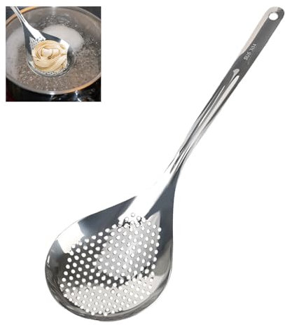 Trendecor Cucchiaio di schiuma in acciaio inox, 35,4 x 10,8 cm, utensile da cucina in metallo, con manico lungo, ergonomico, cucchiaio lungo per tagliatelle di verdure