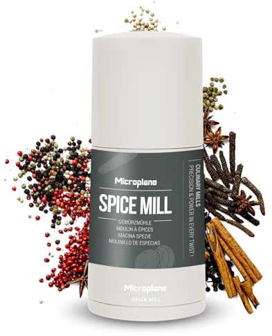 Microplane Spice Mill 2in1 – Cashmere Beige | Manual Spice Mill with Ultra-Sharp Stainless-Steel Blade | Grates Nutmeg, Cinnamon, Tonka Bean, Indian Long Pepper, Nuts & More | Airtight Storage