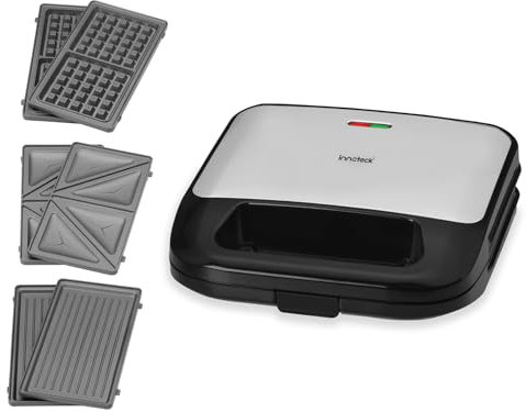 Innoteck 3 in 1 Sandwich, Waffle & Panini Maker – Extra Large Deep Fill Plates, Cool Touch Handle, Toastie Machine with Removable Plates, Non-Stick Coating, 750W, Grill & Waffle Plates Include