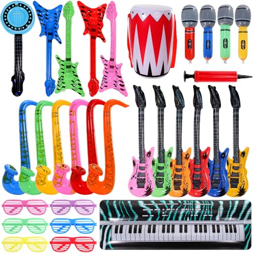 Enjamyo 30 Pcs Inflatable Rock Star Toy Set,80s 90s Party Decorations Inflatable Guitar Microphone Saxophone Piano Drum, for for Carnival Musical Concert Themed Birthday Party Supplies