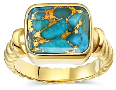 Anello con sigillo in acciaio inox placcato oro, per uomo e donna, stile boho moderno, pietra rettangolare, taglio smeraldo, chunky, Pietra, Turchese compresso