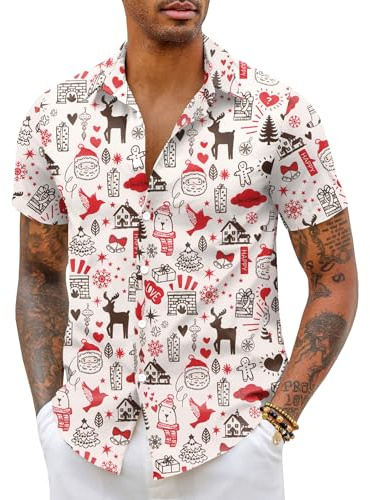 COOFANDY Camisa Navidad Hombre Manga Corta Camisa de la impresión de Navidad Divertido Funky Informal Shirt Christmas Shirt