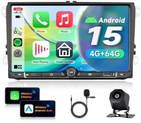 VECHTEL 4G+64G Android 15 bilradio för VW Golf 5 6 Passat Jetta Caddy EOS T5 Tiguan Touran CC Polo med trådlös Android Auto CarPlay, 9 pekskärm GPS Wi-Fi USB typ-C Bluetooth FM RDS-kamera