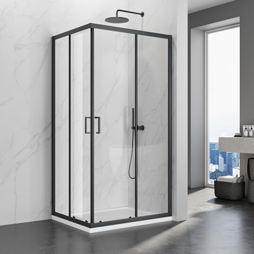 Sirhona - Cabina de ducha (70 x 80 x 195 cm, deslizante, de doble apertura, negro, puerta de ducha de cristal de dos paneles fijos con cristal transparente de 5 mm, ajustable en un solo lado 20 mm