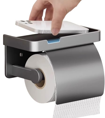 Soporte para papel higiénico, 17,5 cm, dispensador montado en la pared, recogedor de papel higiénico con cubierta impermeable y estante para teléfono celular, almacenamiento de baño para baño, inodoro