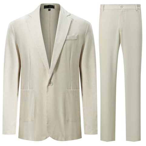 YFFUSHI Abito Uomo 2 Pezzi in Lino Misto 1 Bottone Revers a Punta Notch Lapel Taglio Classico Giacca e Pantalone Estate Casual, Beige, L