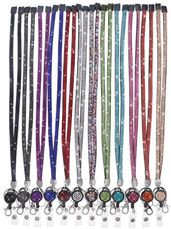 Soleebee Bling Cristal Lanière Collier Tour de Cou PU Cuir avec Boucle pour Porte-Badges Porte-Clés Téléphone Mobile Petite Fourniture de Bureau -12 Pièces (avec Badge Reel)