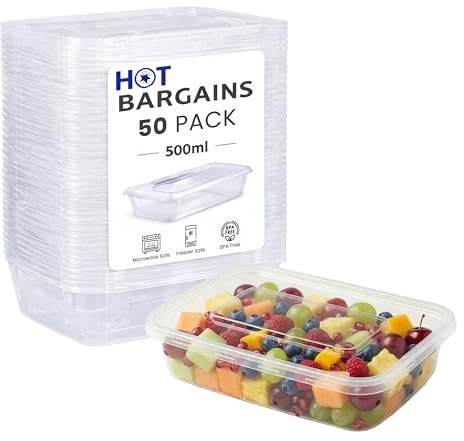 HOT BARGAINS 500ml Rectangular Food Storage Containers with Lids, Pack of 50, BPA-Free Plastic, Microwave and Freezer Safe