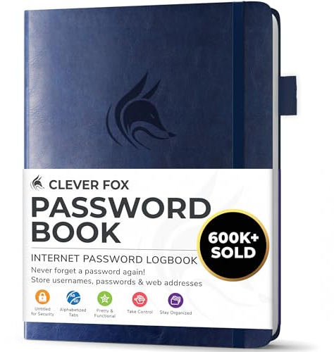 Clever Fox Password Book with alphabetical tabs. Internet Address Organizer Logbook. Small Pocket Password Keeper for Website Logins (Dark Blue)