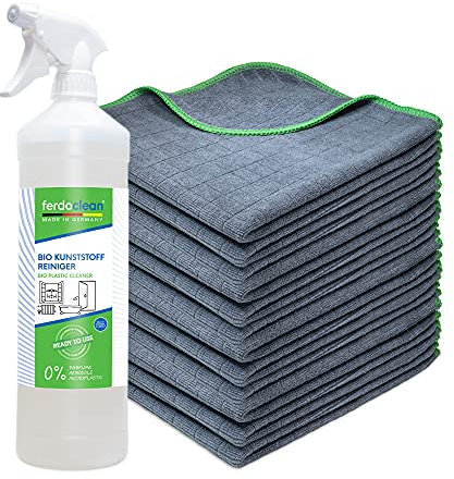 ferdoclean® 750 ml Bio Kunststoffreiniger GEL + 12 x Mikrofasertücher (40x40cm) 380 GSM | Kunststoff-Fenster, Fensterrahmen, Gartenmöbel uvm | Reiniger für Kunststoff Oberflächen, Klebereste-Entferner