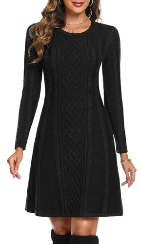 Aottori Damen Strickkleid Elegant A Linie Kleid Pulloverkleid Zopfmuster Rundhalsausschnitt Minikleid Strickpullover für Party Freizeit Cocktail Schwarz L
