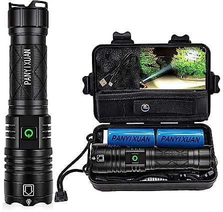 PANYIXUAN Torches LED Super Bright, Rechargeable LED Torch 120000Lumens XHP160, IP67 Waterproof Powerful Tactical Torch Battery Powered, 5 Modes, for Camping Emergency Adjustable Focus Flashlight