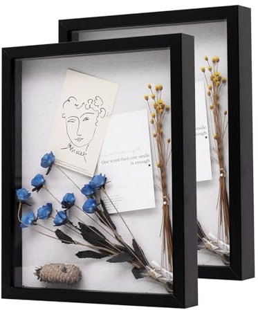 Muzilife Shadow Box Picture Frame with Linen Board Deep Wood Glass Display Case Ready to Hang Memory Box Baby Sports Memorabilia, Pins, Awards, Medals, Wedding, Tickets and Photos, Black, 2pcs 11X14