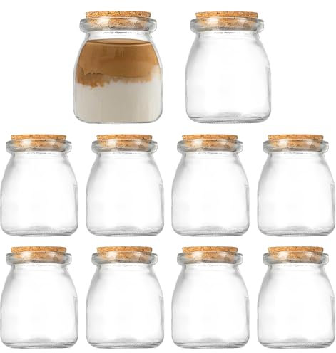 10 Pcs Glasflaschen mit Korken 200ml, Kleine Einmachgläser mit Deckel, Marmeladengläser Gewürzgläser Rund Glasgefäß Milchglasflaschen Puddinggläser, Glas Vorratsgläser für Küche Party Hochzeit Dessert