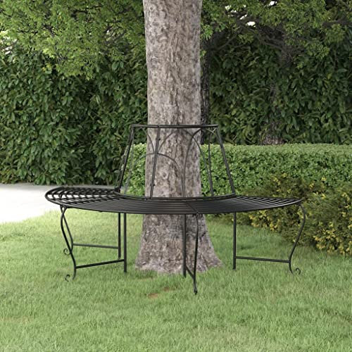 AUUIJKJF Home Outdoor Sonstiges: Halbrunde Baumbank, 159 cm, schwarzer Stahl