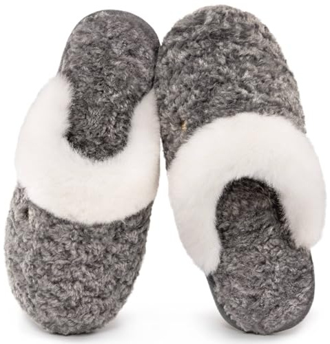 HomeTop Women's Faux Alpaca Slippers Warm Soft Comfy Bedroom Indoor House Shoes with Fuzzy Collar Grey, 5-6 UK