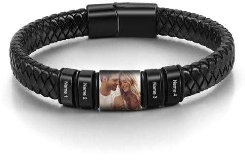 Braccialetto da uomo personalizzato con foto con 2-5 nomi incisi, regalo per papà, fidanzato, festa del papà, compleanno, 3 Names, Pelle