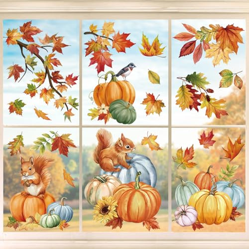 wondever Fall Pumpkin Leaves Window Clings Thanksgiving Autumn Harvest Maple Leaves Glass Sticker Decal Anti Collision Double-Side Static Window Stickers for Home Glass Window