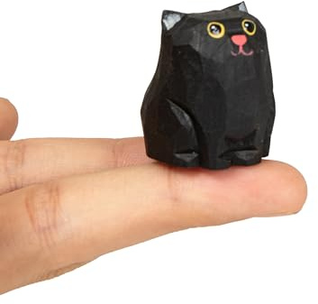 MegeFul Cute Small Wood Black Cat Figurine, Handmade Carved Statue Home Decor, Unique Figure Collectibles Gift for Cat Lovers