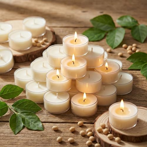Simeitol 50 velas de cera de soja (tiempo de combustión de 6 horas), velas votivas blancas sin perfume, sin humo y tiempo de combustión prolongado, velas de té transparentes para bodas, hogar,