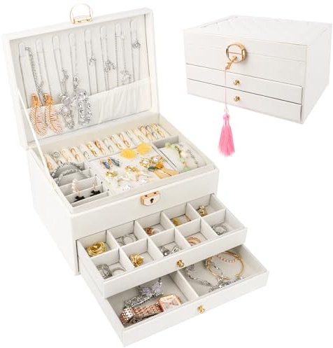 TNOMSNO Scatola Portagioie, Portagioie a 3 livelli Scatola Portagioie a 3 Livelli, Porta Gioielli Donna in Pelle con 2 Cassetto per Riporre Collane, Anelli