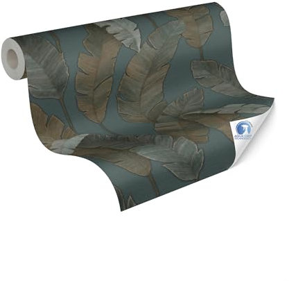 Papeles pintados murales DESIGNDROP - Papel pintado no tejido preencolado botánico en verde, azul - 10,05m x 0,53m - papel pintado tropical para salones - 784531