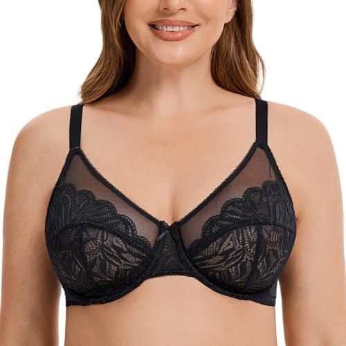 MELENECA Women's Minimizer Bras for Large Bust Underwire Plus Size Full Coverage Lace Bras Black 36F