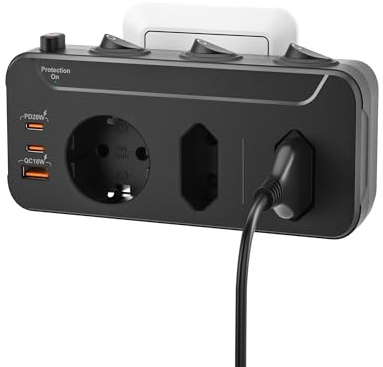 Grenuttag med Oberoende Strömbrytare,Grenkontakt överspänningsskydd,3-vägs Flera Uttag,Vägguttag med USB C PD20W,Multikontakt Kontakt 3 Schuko,Uttagsadapter Roterar Vertikalt och Horisontellt,Svart