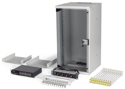 DIGITUS 10-tums nätverkssats - 12U nätverksskåp - hylla - uttagslist - 16-portars switch - 12-portars patchpanel - 12 keystone-moduler - 20 patchkablar - SOHO Pro - grå