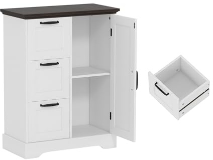KOMFOTTEU Credenza Cucina con 3 Cassetti e Armadio con Ante, Mobile Cucina Dispensa con Kit Antiribaltamento, Mobiletto Cucina, per Soggiorno, Sala da Pranzo, 60 x 30 x 80 cm (Bianco)