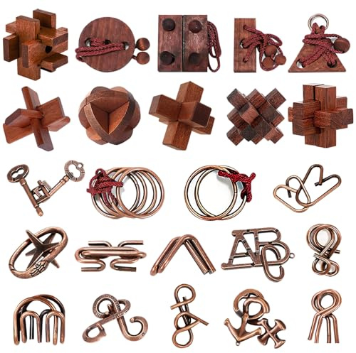24 rompecabezas 3D de madera y metal que fomentan el pensamiento lógico y ofrecen desafíos emocionantes tanto para adolescentes como para adultos. Juego de juguetes ideal para celebraciones familiares
