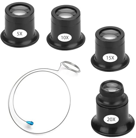 4 Piezas Lupa Relojero Monocular Portátil 5X 10X 15X 20X | Lupa de Relojero con Soporte de Alambre Monocular de Relojero para Relojes Monedas Joyas Sellos (Negro)