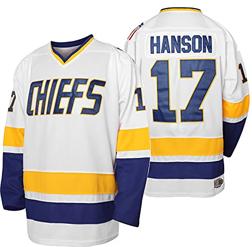 Hanson Brother 16 Jack 17 Steve 18 Jeff Charlestown Chiefs - Camiseta de hockey cosida para hombre, 17 Blanco, Medium