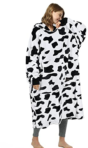 Extra lång fleece huvtröja filt ko tryck, fluffig överdimensionerad gosig filt med ärmar och huva, varma stora huvfiltar, bärbar filt att klä på sig som en presentidé för kvinnor män