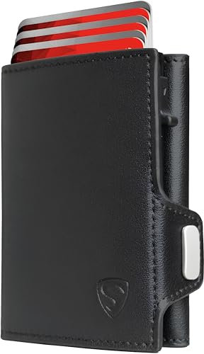 Geldbörse Herren klein - Kleines Portemonnaie - Geldbeutel mit Kartenschieber u. Münzfach - Smart Wallet Portmonee - Kreditkartenetui mit Scheinfach - Slim Wallet Kartenhalter m. RFID-Schutz (Schwarz)