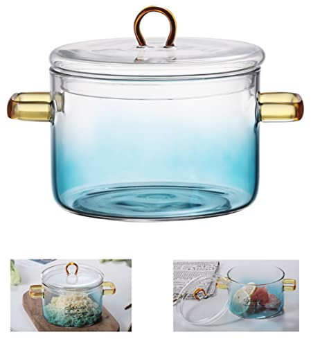 Glass Cooking Pot - 1.5L/50OZ Heat-Resistant Borosilicate Glass Handmade Cookware Set stovetop Pot - Safe for Pasta Noodle, Soup, Milk, Tea Blue