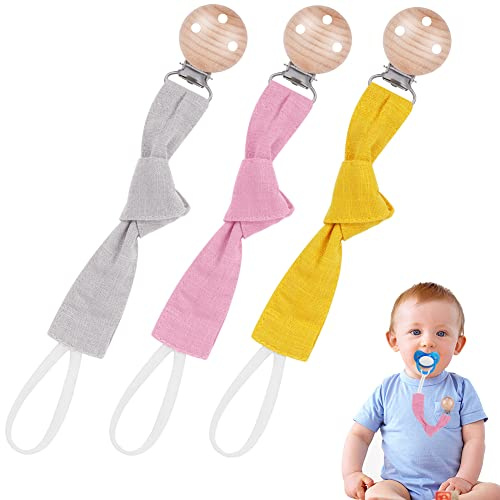 Vicloon Cadena Chupetes de Clip,3 PCS Chupetero para Bebé con Clip de Haya,Cadena de Chupete de Bebé de Algodón,Cadena Chupete para Bebé Niño y Niña