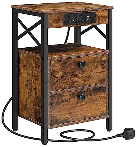 HOOBRO Wooden Bedside Table with Charging Station, X-shaped Side Table with 2 Wooden Drawers, Nightstand with 2 USB Ports and 2 AC Outlets, 38 x 28 x 60 cm, Rustic Brown EBF138KBZ01