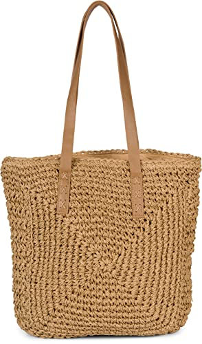 styleBREAKER Damen Papierstroh Schultertasche mit langen Henkeln, Strandtasche, Korbtasche, Flechttasche, Shopper 02012388, Farbe:Braun