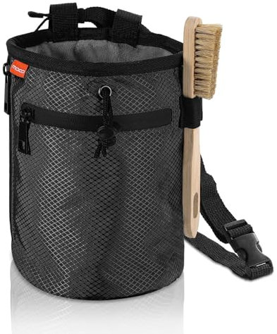 MoKo Klettern Chalkbag mit Kletterbürste, Wasserdicht Nylon Magnesiabeutel mit Reißverschluss & Einstellbar Gürtel, Chalk Bag mit 2 Aufbewahrungstaschen für Klettern Bouldern Gymnastik, Schwarz