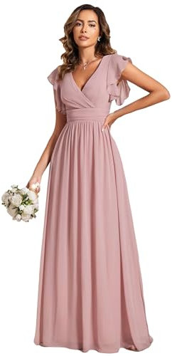 Ever-Pretty Robe de Soirée Dos Nu pour Femme Manches Volantées Mousseline Col V Plissé Robe de Demoiselle d'honneur Longue Élégante Rose Poussiéreuse 38