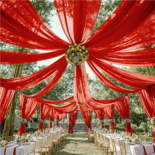 Mateju Tende da Soffitto per Matrimoni, Tessuto Drappeggiato per Arco Nozze, Decorazioni Matrimonio Mantovana Tenda in Chiffon, per Feste, Cerimonie, Palcoscenico, Interni (Rosso,150x600cm)