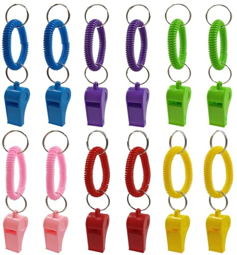 AFUNTA 12 Pack Whistle for Coaches, Sport Whistle Stretchable Wrist Keychain Loud Plastic Whistle for Refereeing, Footballing, Survival Emergency Training(6 Colors)
